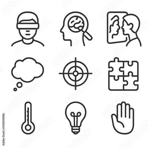 Unconscious Bias Icons. Outline icon set of unconscious bias training modules: blindfold face, magnifying glass on brain, mirror