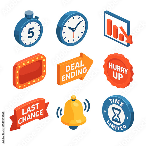 Urgent Icons Collection. Isometric Flat icon set of urgency cues: countdown timer, ticking clock, low stock indicator, flashing