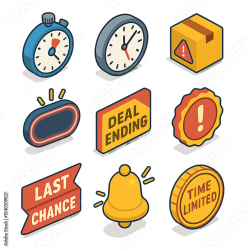 Urgent Icons Collection. Isometric Flat icon set of urgency cues: countdown timer, ticking clock, low stock indicator, flashing