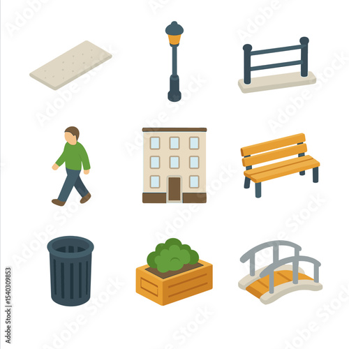Urban Riverside Icons. Isometric Flat icon set of urban riverside stroll: pedestrian pathway, lamppost, river railing, walking
