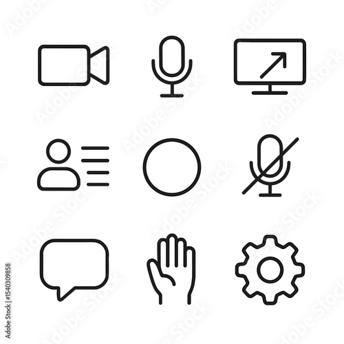 Video Conferencing Icons. Outline icon set of video conferencing tools: camera, microphone, screen share, participant list,