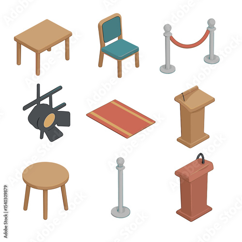 Venue Furniture Icons. Isometric Flat icon set of venue furniture and layout: signing table, guest chair, velvet rope barrier,