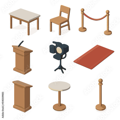 Venue Furniture Icons. Isometric Flat icon set of venue furniture and layout: signing table, guest chair, velvet rope barrier,