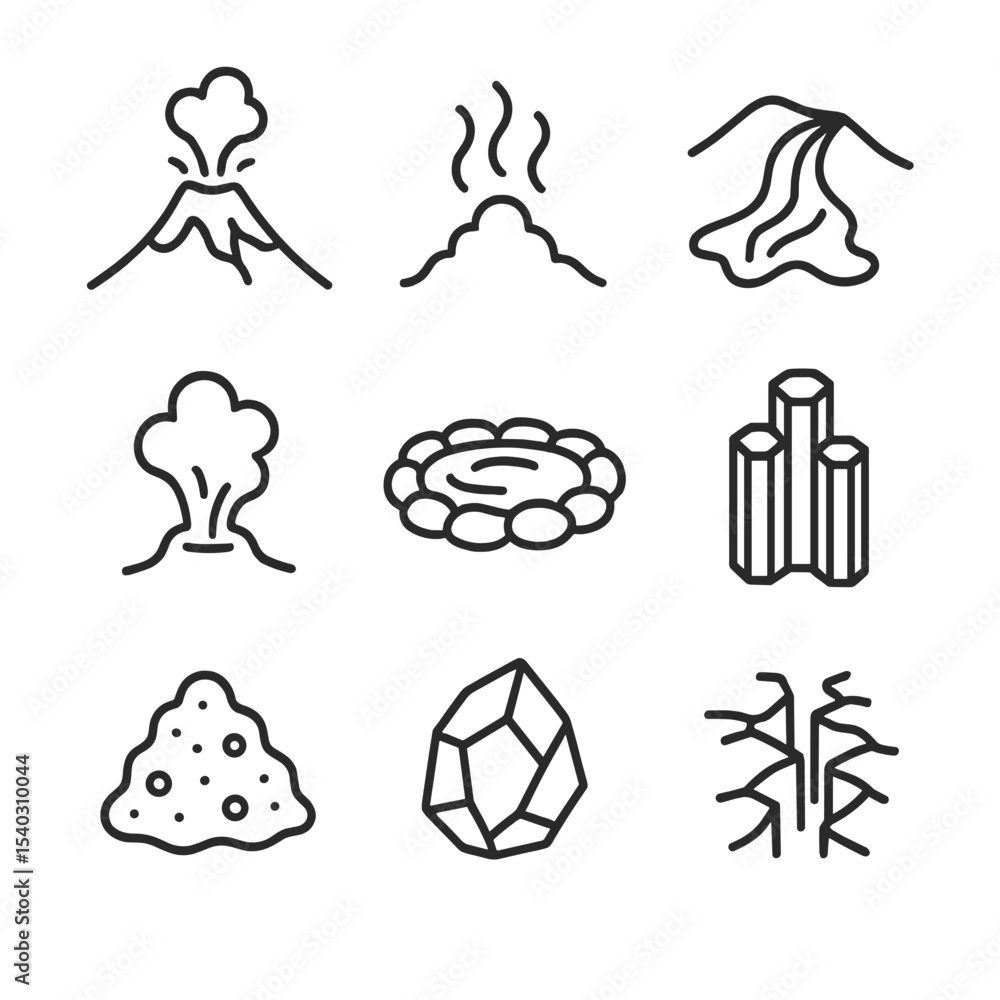 Fototapeta premium Volcanic Landscape Icons. Outline icon set of volcanic geothermal landscapes: volcano outline, steam vent, lava flow, fumarole,