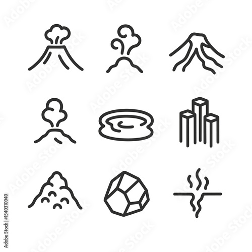 Volcanic Landscape Icons. Outline icon set of volcanic geothermal landscapes: volcano outline, steam vent, lava flow, fumarole,