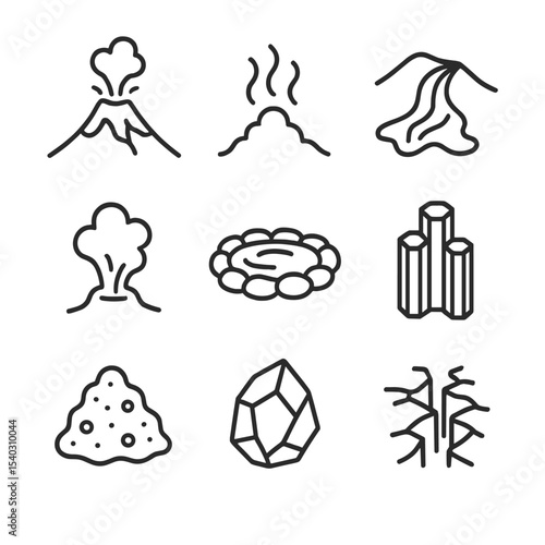 Volcanic Landscape Icons. Outline icon set of volcanic geothermal landscapes: volcano outline, steam vent, lava flow, fumarole,