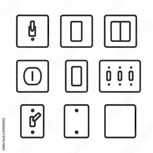 Wall Switch Icon Set. Outline icon set of wall light switches: toggle switch, rocker switch, double switch, single switch, decora