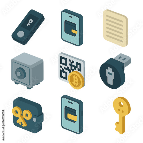 Wallet Icon Set. Isometric Flat icon set of wallets and key management: hardware wallet device, software wallet app, mnemonic