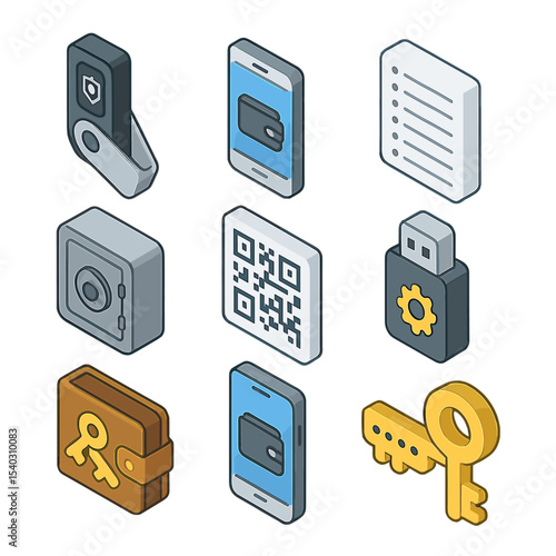 Wallet Icon Set. Isometric Flat icon set of wallets and key management: hardware wallet device, software wallet app, mnemonic