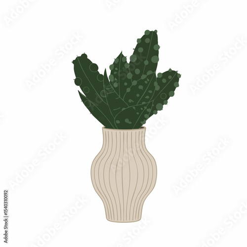 Stylized Haworthia Plant with Spotted Leaves in a Beige Fluted Vase