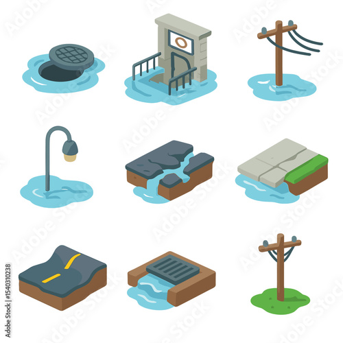 Waterlogged Infrastructure Icons. Isometric Flat icon set of waterlogged infrastructure: submerged manhole, flooded subway