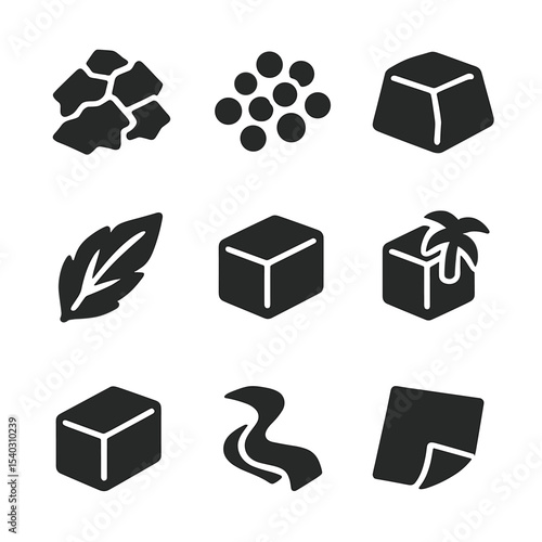 Wax Types Grid. Solid, Filled icon set of wax types: soy wax flake, beeswax pellet, paraffin chunk, palm wax flake, gel wax block,