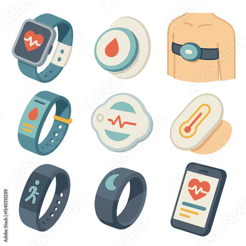 Wearable Health Icon Set. Isometric Flat icon set of wearable health sensors: smart watch, glucose monitor patch, heart rate chest
