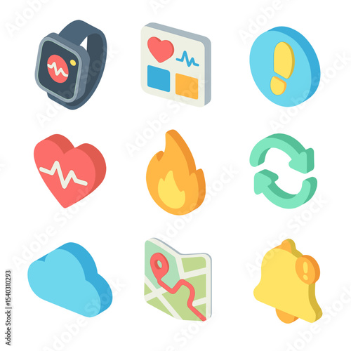 Wearable Fitness Icons. Isometric Flat icon set of wearable fitness integration: smartwatch, fitness app dashboard, step counter,