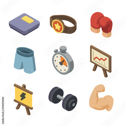 Weight Class Icon Set. Isometric Flat icon set of weight divisions: flyweight scale, bantamweight belt, featherweight gloves,