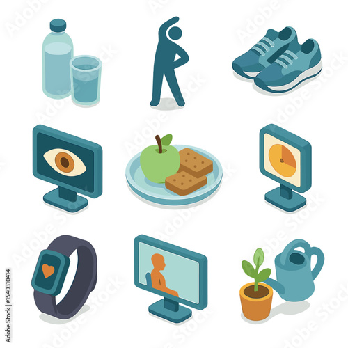 Wellness Break Icons. Isometric Flat icon set of health and wellness breaks: water bottle with glass, stretch pose silhouette,
