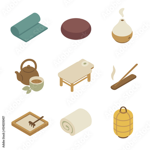 Wellness Icons Collection. Isometric Flat icon set of wellness retreat features: yoga mat, meditation cushion, essential oil