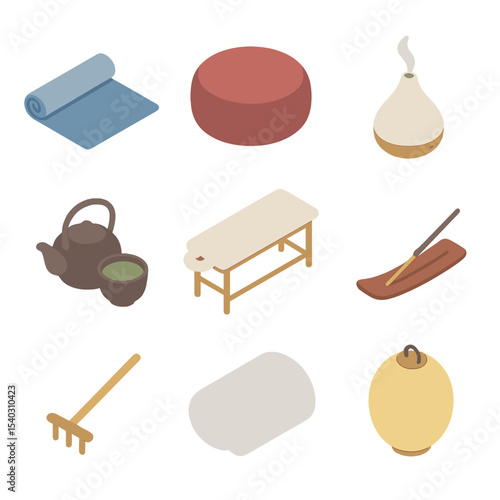 Wellness Icons Collection. Isometric Flat icon set of wellness retreat features: yoga mat, meditation cushion, essential oil