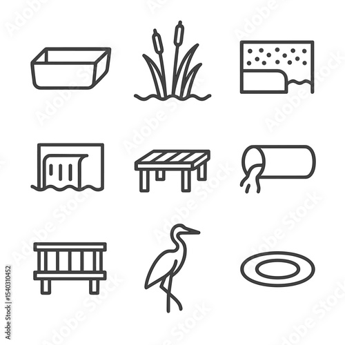 Wetland Icons Set. Outline icon set of constructed wetland designs: wetland basin, emergent reeds, gravel substrate, overflow weir