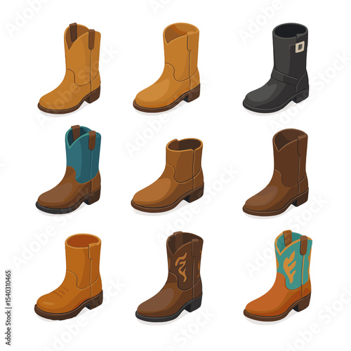 Western Boot Icon Set. Isometric Flat icon set of cowboy and western boots: cowboy boot, roper boot, engineer boot, stockman boot,