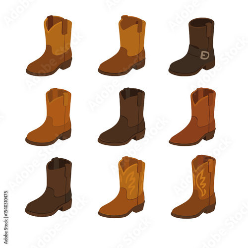 Western Boot Icon Set. Isometric Flat icon set of cowboy and western boots: cowboy boot, roper boot, engineer boot, stockman boot,