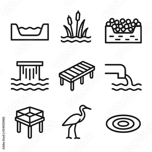 Wetland Icons Set. Outline icon set of constructed wetland designs: wetland basin, emergent reeds, gravel substrate, overflow weir