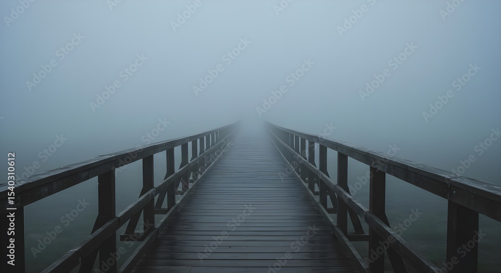 Fototapeta premium Fog, Mist, Mystery, Foggy Wooden Bridge Leading into the Mist