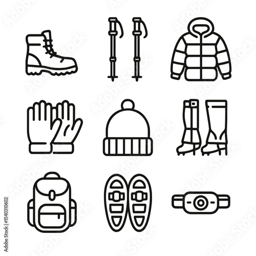 Winter Hiking Gear Icons. Outline icon set of winter hiking gear: insulated boots, trekking poles, down jacket, thermal gloves,