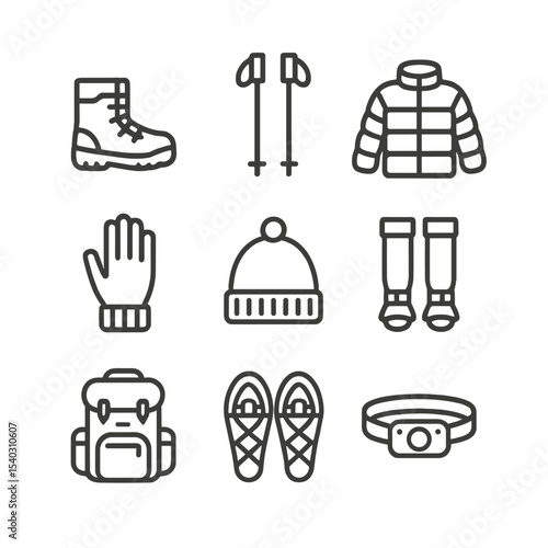 Winter Hiking Gear Icons. Outline icon set of winter hiking gear: insulated boots, trekking poles, down jacket, thermal gloves,