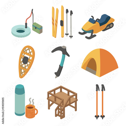 Winter Activity Icons. Isometric Flat icon set of alternative winter activities: ice fishing gear, cross-country skis, snowmobile,