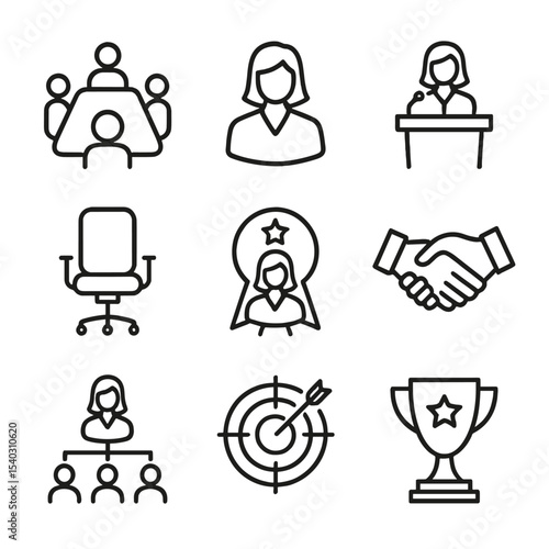 Women Leadership Icons. Outline icon set of women in leadership: boardroom table, female CEO silhouette, presentation podium,
