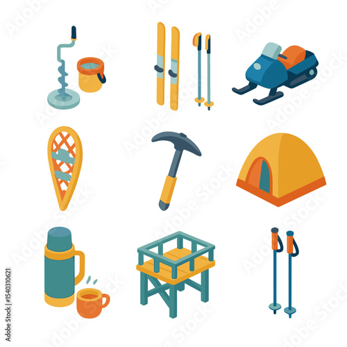 Winter Activity Icons. Isometric Flat icon set of alternative winter activities: ice fishing gear, cross-country skis, snowmobile,