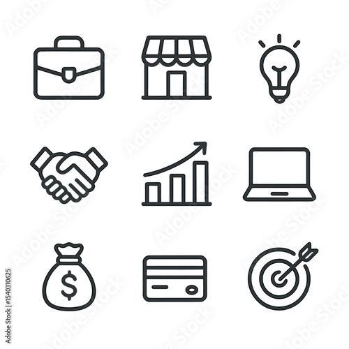 Women Entrepreneur Icons. Outline icon set of women entrepreneurs: briefcase, storefront facade, light bulb idea, handshake deal,