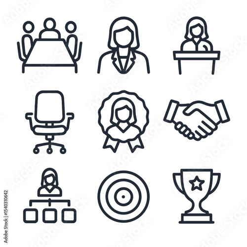 Women Leadership Icons. Outline icon set of women in leadership: boardroom table, female CEO silhouette, presentation podium,