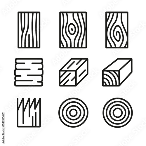 Wood Grain Icon Set. Outline icon set of wood grain textures: oak plank, pine knot, mahogany swirl, birch bark, saw mark, veneer