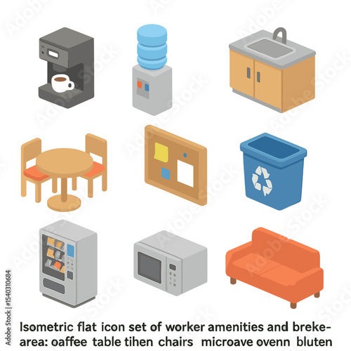 Worker Amenities Icons. Isometric Flat icon set of worker amenities and break area: coffee machine, water cooler, kitchenette sink