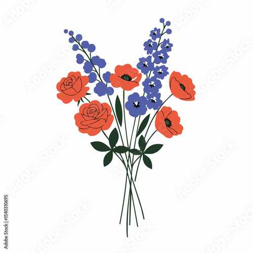 Stylized Bouquet with Red Roses, Poppies, and Blue Delphinium Flowers