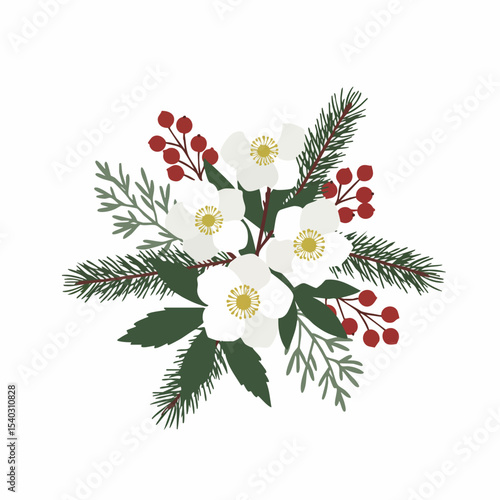 Stylized Floral Arrangement with White Blossoms, Red Berries, and Evergreen Sprigs
