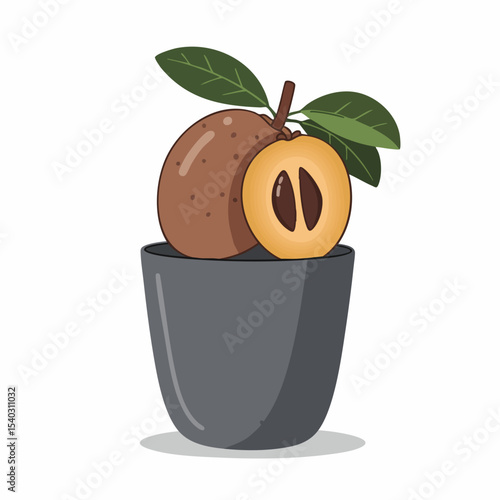 Sapodilla Fruit in Grey Cup: Whole and Halved with Leaves