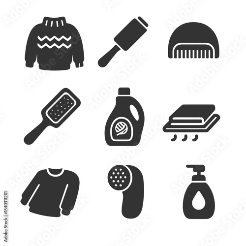 Sweater Care Icons. Solid, filled icons set of cozy sweater care: cozy sweater, lint roller, wool comb, lint