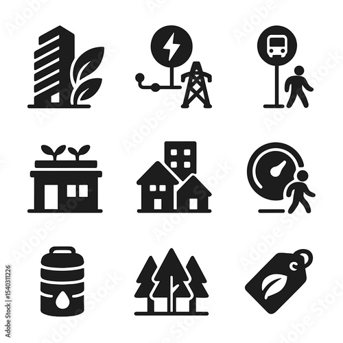 Sustainable Urban Icons Set. Solid, filled icons set of sustainable urban architecture: green skyscraper,