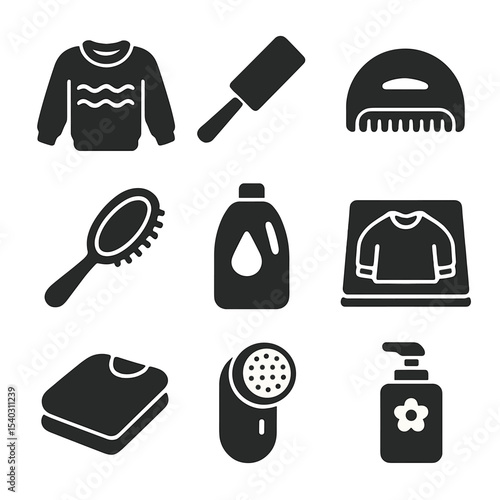 Sweater Care Icons. Solid, filled icons set of cozy sweater care: cozy sweater, lint roller, wool comb, lint