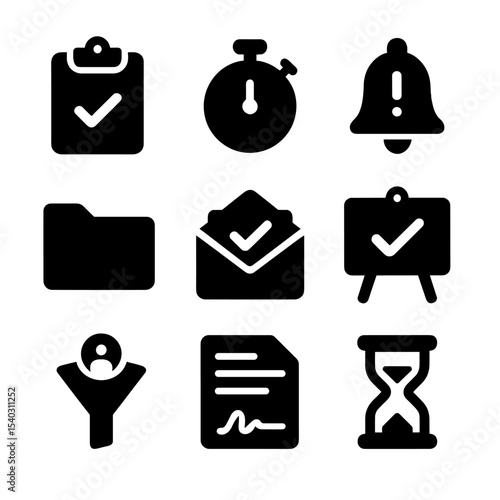 Task Management Icons. Solid, filled icons set of short-term contracts and tasks: clipboard with check,