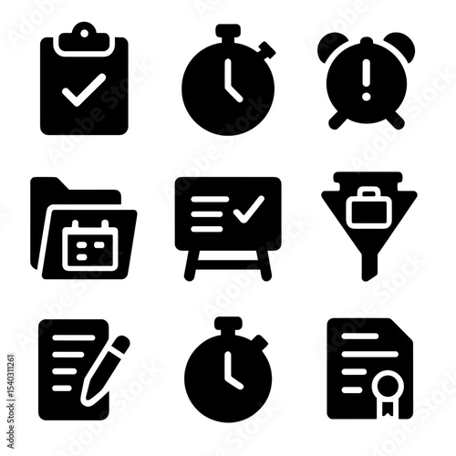Task Management Icons. Solid, filled icons set of short-term contracts and tasks: clipboard with check,