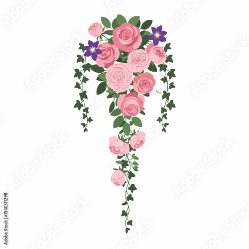 Elegant Cascade of Pink Roses and Greenery with Purple Accents.