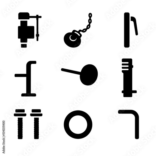 Toilet Tank Icons. Solid, filled icons set of efficient water usage in toilet tanks: fill valve, flapper,