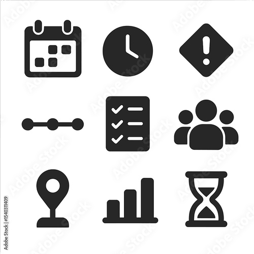 Time Management Icons. Solid, filled icons set of task and time management: calendar, clock icon, priority