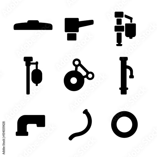 Toilet Tank Components. Solid, filled icons set of internal toilet tank parts: tank lid, flush lever, fill