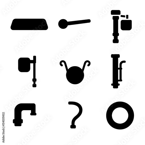 Toilet Tank Components. Solid, filled icons set of internal toilet tank parts: tank lid, flush lever, fill