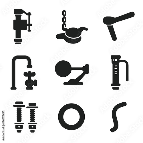 Toilet Tank Icons. Solid, filled icons set of efficient water usage in toilet tanks: fill valve, flapper,